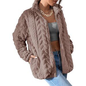 Women's Beige Fleece Jacket 2026 Zipper Stand Collar Casual Coats with Pockets